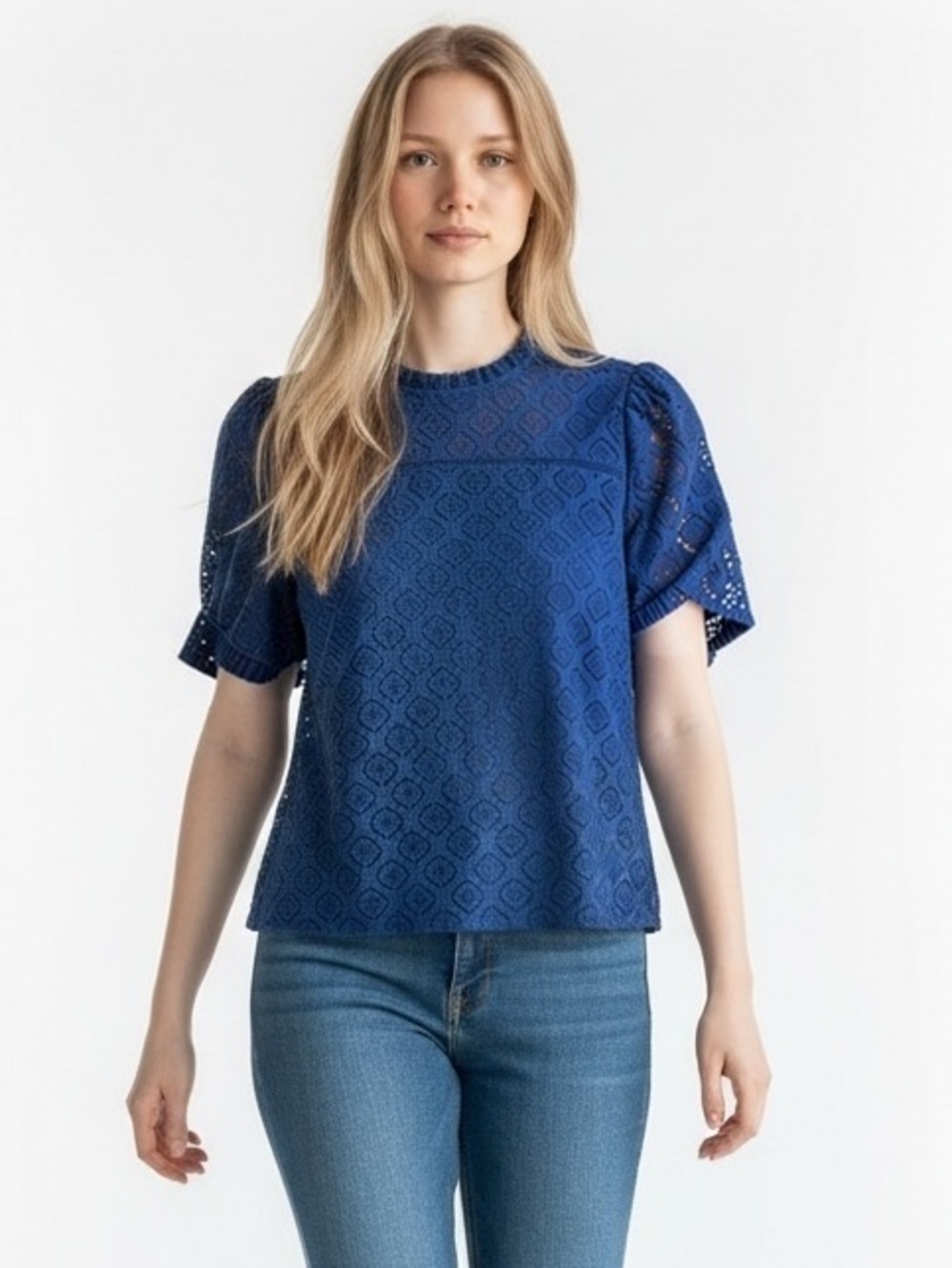 LOFT Royal Blue Lace Puff Sleeve Blouse Ruffle Neck Size M